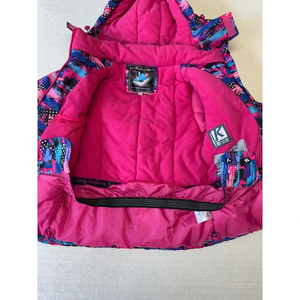 Kuluoxing Kids Pink Blue Abstract Print Hooded Ski Jacket Winter Coat Size 10